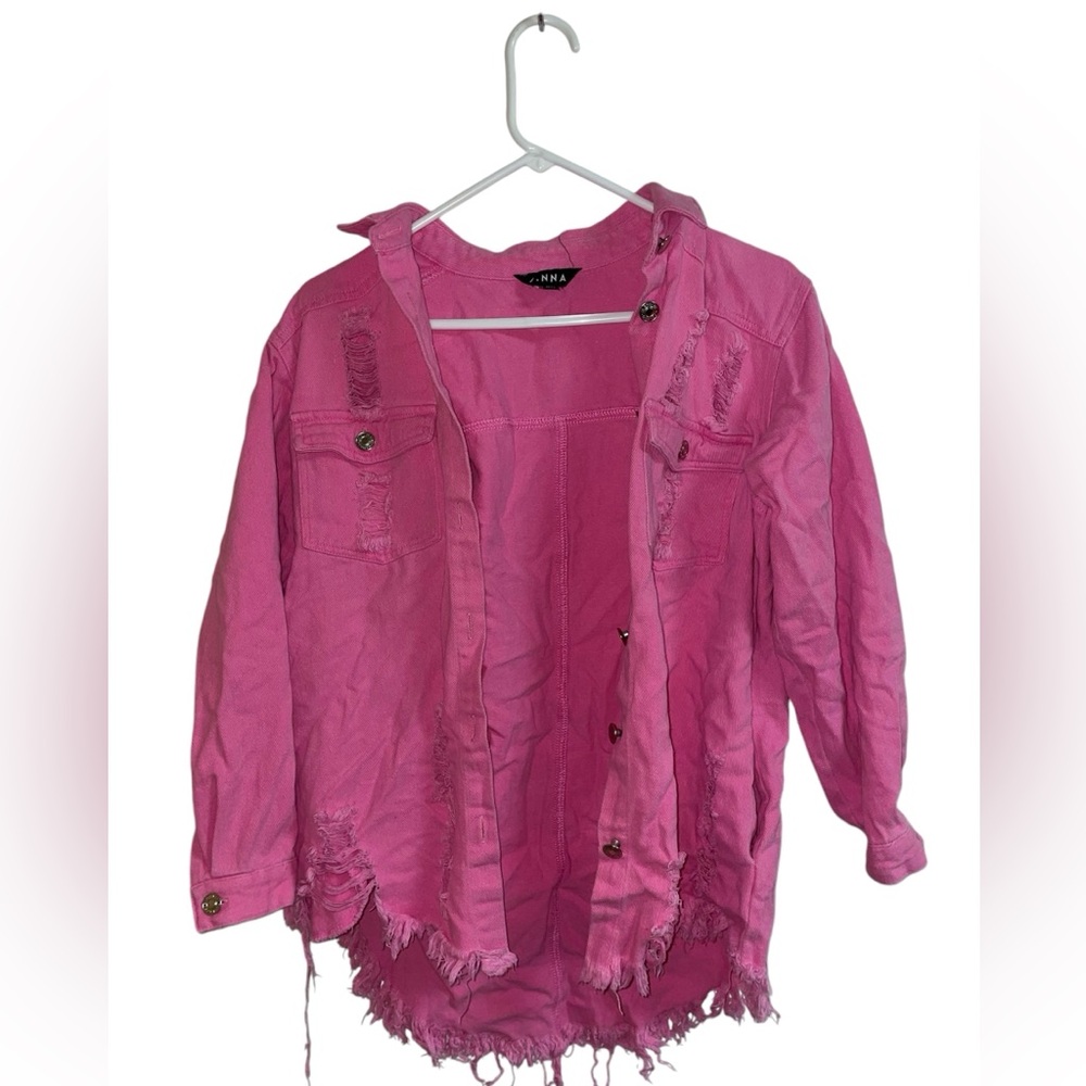 Hot Pink Distressed Oversized Button Down Denim Shirt/ Jacket (Shacket)💕